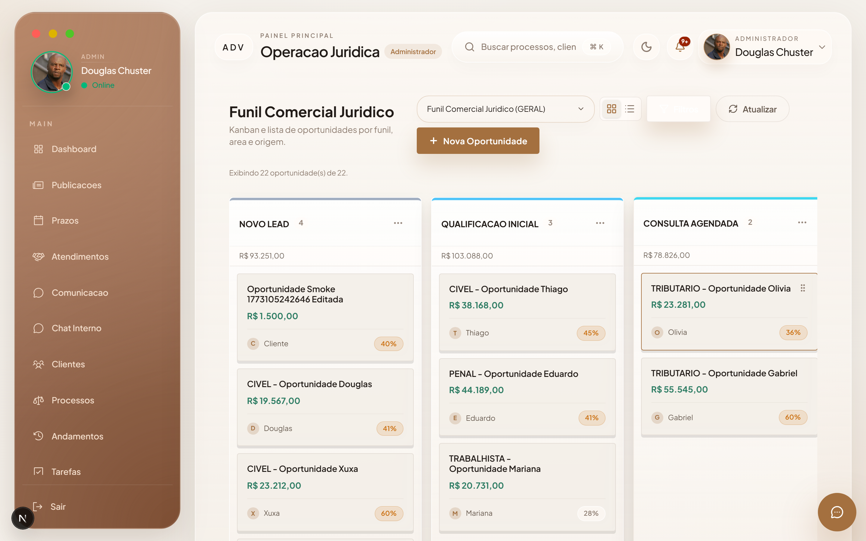 Pipeline jurídico com visão comercial clara desde o primeiro contato.